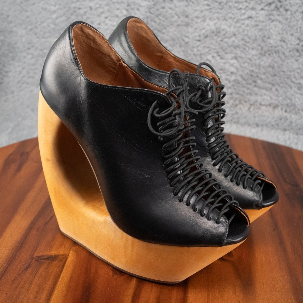 Jeffrey Campbell ROCKIN Lace Up Handmade Wooden Wedge Platform Heels w/Box 7 M